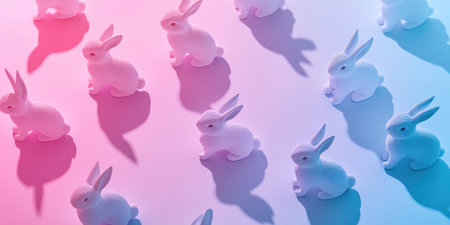Pastel gradient background with soft pink to blue rabbit figures for creative designの素材