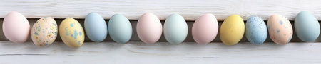 Pastel colored Easter eggs on white wooden background for festive decor and designの素材