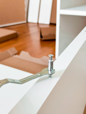 Assembling white furniture piece with metal allen wrench in modern living roomの写真素材