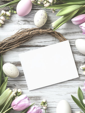 Rustic Easter card mock up with tulips and speckled eggs on white wooden backgroundの素材