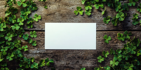Rustic wooden background with blank white card and green clover leaves for nature themed designsの素材