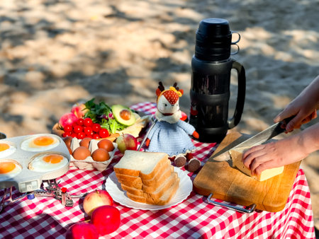 Outdoor picnic essentials with fresh food and toys on a checkered tableclothの写真素材