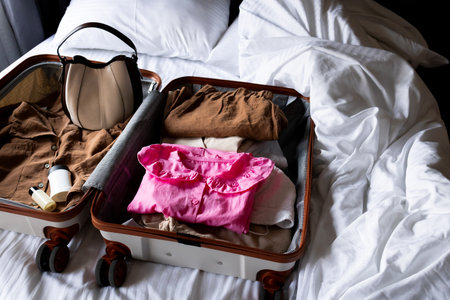 Open suitcase on bed with clothes and accessories ready for travel