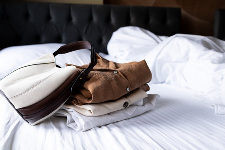 Neatly folded clothes and bag on bed with white sheets in bedroom