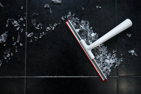 Broken glass shards on black tile floor with white squeegeeの写真素材