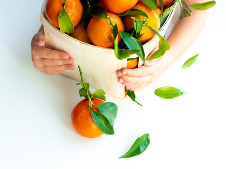 Child holding a basket of fresh oranges with green leavesの写真素材
