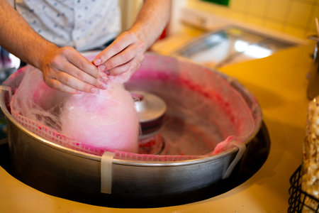 Male adult making pink cotton candy at a carnival standの写真素材