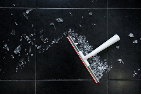 Tile floor cleanup with squeegee and broken glass shardsの写真素材