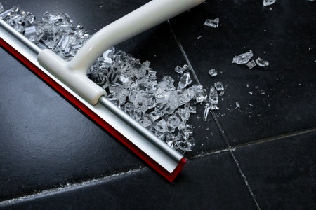Broken glass cleanup on black tiled floor with red and white squeegeeの写真素材
