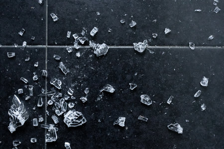 Broken glass pieces scattered on dark floor tilesの写真素材