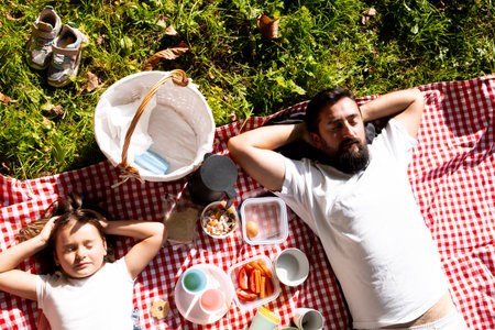 Father and daughter relaxing on picnic blanket in sunny parkの写真素材