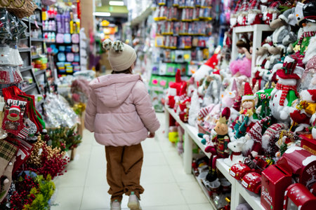 Child shopping for Christmas decorations in festive store aisleの写真素材