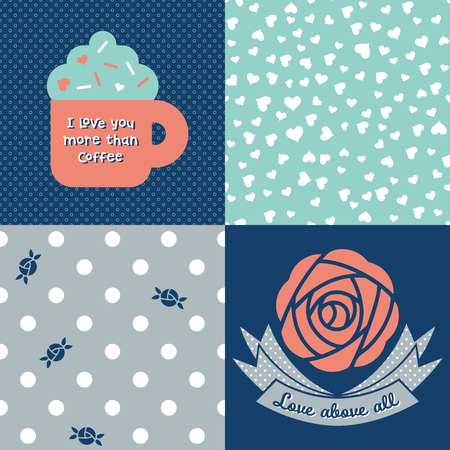 Collection of 2 seamless patterns and 2 posters inspired on Saint Valentineâs Dayのイラスト素材