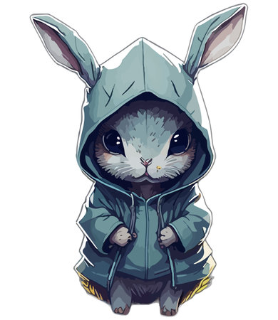 Cool bunny wearing a hoodie. Portrait of a cute rabbit with a hoodie facing front and looking serious. White background.のイラスト素材