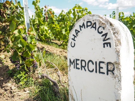 Champagne - Ardenne, France - August 2017: Champagne house Mercier old stone roadside sign next to the vineyards in Hautvillers Champagne - Ardenne, Franceのeditorial素材