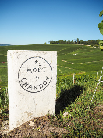 Champagne - Ardenne, France - AUgust 2017: MoÃ«t & Chandon old stone roadside sign next to the vineyards in Hautvillers close to Epernayのeditorial素材