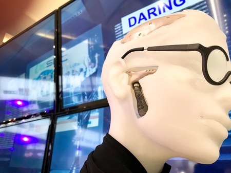 Hannover, Germany - April 2018: titanium 3D printed total TMJ or jaw joint prosthesis by CADskills...