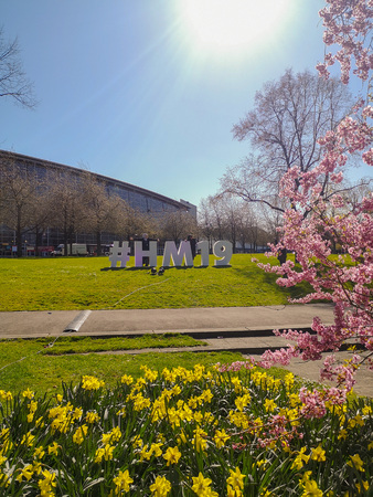 Hannover, Germany - April 2019: Hashtag sign for the Hannover Messe 2019 edition outside on the fairgroundsのeditorial素材