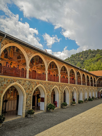 August 2018 - Cyprus: Gorgeous building in the Greek orthodox Kykkos monastery with multiple archways that are covered with mosaic artのeditorial素材