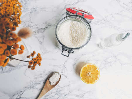 Plastic free homemade laundry detergent from all natural products such as lemon and sodium for an eco-friendly lifestyleの写真素材