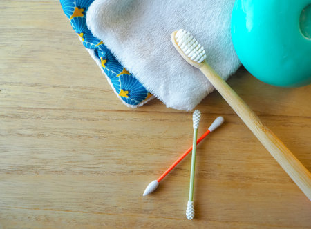 Sustainable plastic free personal care swaps such as ear buds, cotton pads, bamboo toothbrush and...
