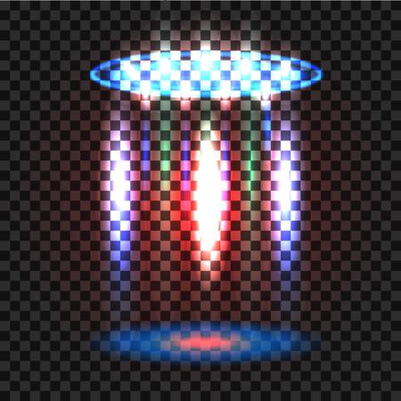 UFO light beam, aliens futuristic spacecraft isolated on transparent checkered background. Saucer transport in dark. Vector illustrationのイラスト素材