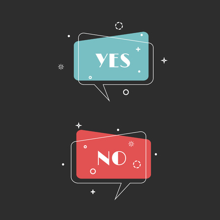 Set of trendy flat geometric vector bubbles. Vivid transparent banners in retro poster design style. Vintage colors and shapes. Random background. Yes or no. Vector illustration.のイラスト素材