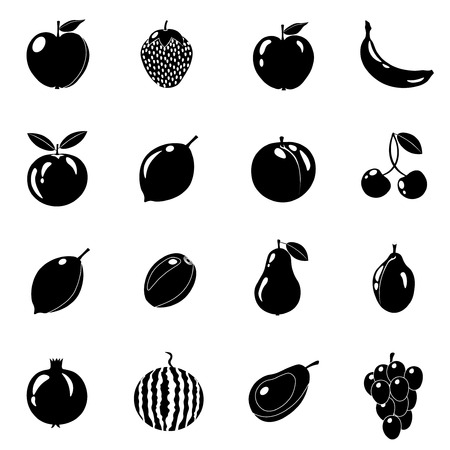 Set of fruits in different style. Line, black. White background. Vector illustration.のイラスト素材