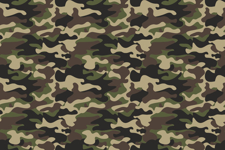 Camouflage seamless pattern background. Horizontal seamless banner. Classic clothing style masking camo repeat print. Green brown black olive colors forest texture. Design element. Vectorの写真素材