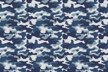 Horizontal banner seamless camouflage pattern background. Classic clothing style masking camo repeat print. Blue, navy cerulean grey colors forest texture. Design element. Vector illustration.のイラスト素材