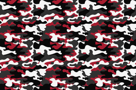 Horizontal banner seamless camouflage pattern background. Classic clothing style masking camo repeat print. Red, white, brown black colors forest texture. Design element. Vector illustrationのイラスト素材