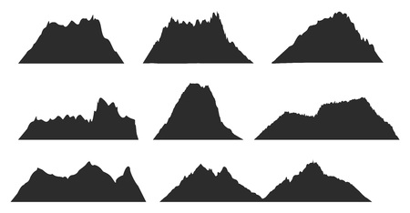 Mountains black silhouettes for outdoor design or travel labels vector set. Black silhouette mountain template, illustration of highland peak mountains for your web designのイラスト素材