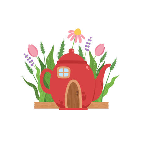 Small house made from red teapot, fairytale fantasy house for gnome, dwarf or elf vector Illustration on a white background. Spring timeのイラスト素材