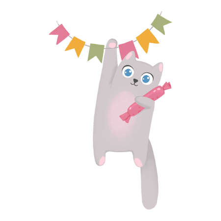 Scene with cute birthday cat. Pet emotions. Friendly, scared, sharing food, ready to attack, rubbing, threatening, sharing food, worrying kitty. Vector illustration in flat cartoon styleのイラスト素材