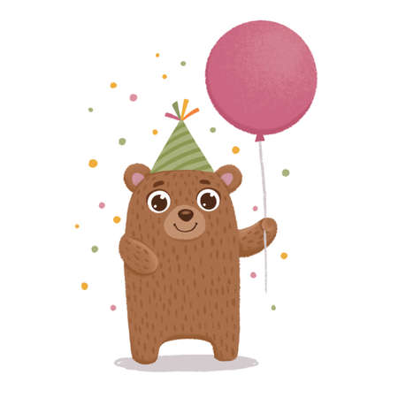Cute teddy bear wearing party cap and holding birthday balloon. Funny animal cub in scandinavian style celebrating birthday. Flat vector cartoon textured illustration isolated on white backgroundのイラスト素材