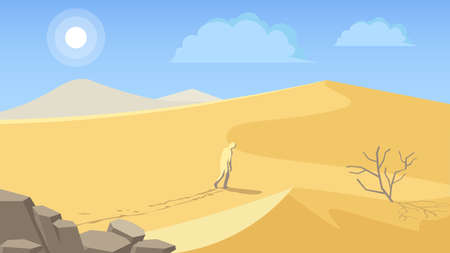 Gorgeous Egypt or arabian country desert landscape with large scorching sun on blue sky background. Colorful vector illustration.のイラスト素材