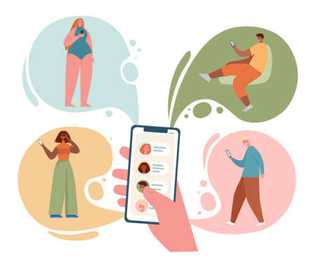 Concept of sharing news, refer friends online. Hand holding smartphone with contacts on screen. Person forwards messages to friends or colleagues. Vector illustration in flat cartoon styleのイラスト素材