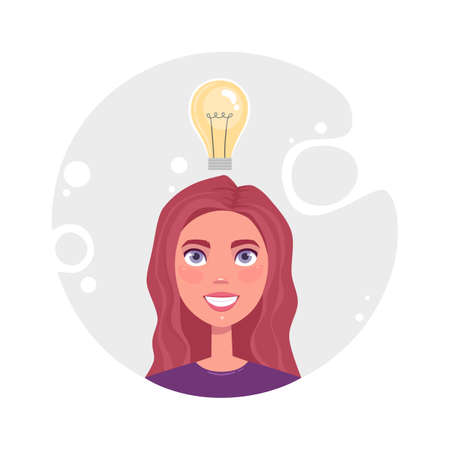 Concept of productive self organization cute girl, effective time management, organize work. Woman idea bulb, read email. Flat vector cartoon illustration isolated on grey backgroundのイラスト素材
