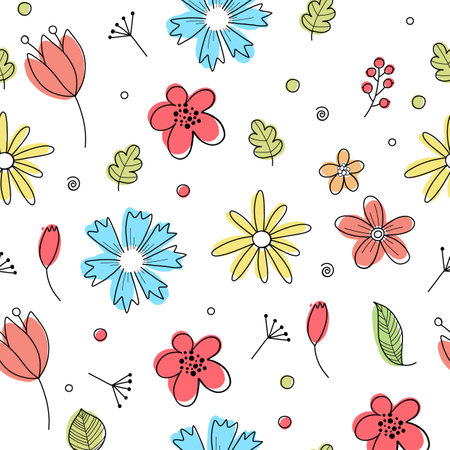 Elegant seamless pattern with gorgeous blooming spring flowers hand drawn with contour lines on white background. Natural vector illustration for fabric print, wallpaper, wrapping paper, backdrop.のイラスト素材