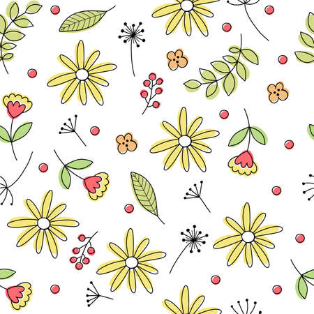 Colorful floral seamless pattern. Endless natural botanical background with blooming meadow daisy and cosmos flowers. Spring wildflowers and leaves. Vector illustration in flat cartoon styleのイラスト素材