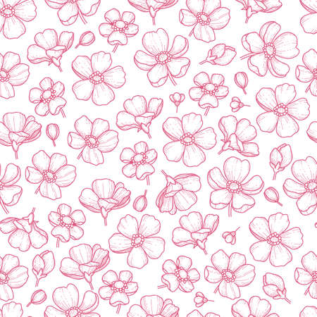 Vector seamless pattern with hand drawn twigs and sakura flowers on a white background. Cherry blossoms. wedding pattern, floral pattern for printing on fabric, clothing, wrapping paperのイラスト素材