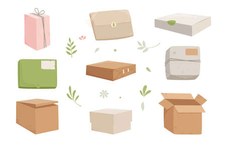 Box cardboard icons set cartoon vector. Carton delivery packageのイラスト素材