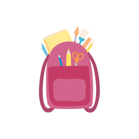 Stationery for school vector illustration. Backpack with ruler pencil notebook paintbrush scissors and calculator flat style. School time concept. Isolated on white backgroundのイラスト素材