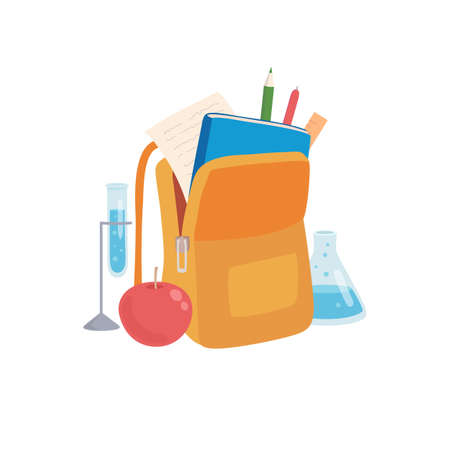 Stationery for school vector illustration. Backpack with ruler pencil notebook paintbrush scissors and calculator flat style. Glass tube with liquid. School time concept. Isolated on white backgroundのイラスト素材