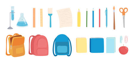 Set of school supplies vector illustration. Different learning accessories consist of bag, transporter, ruler and red apple flat style design. Happy scholarship concept isolated on pale whiteのイラスト素材