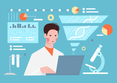 Man scientist in laboratory vector illustration. Researcher conducting research of dna molecule with microscope in lab flat style design. Science conceptのイラスト素材