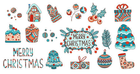 Merry Christmas icons set outline, hand drawn vector. Winter decorationのイラスト素材