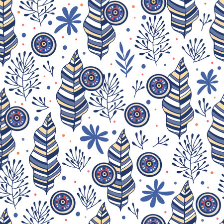 Blue doodle pattern outline hand drawn vector. Floral seamless textureのイラスト素材