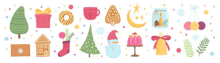 Collection of beautiful baubles and decorations for Christmas tree. Set of holiday ornaments, animals, Santa, snowman, gold bell. Colored vector illustration in flat cartoon styleのイラスト素材