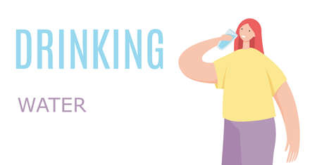 Thirsty dehydrated person drink water from bottle, quenching thirst and cooling in heat. Woman enjoying aqua in hot weather. Dehydration concept. Flat vector illustration isolated on white backgroundのイラスト素材